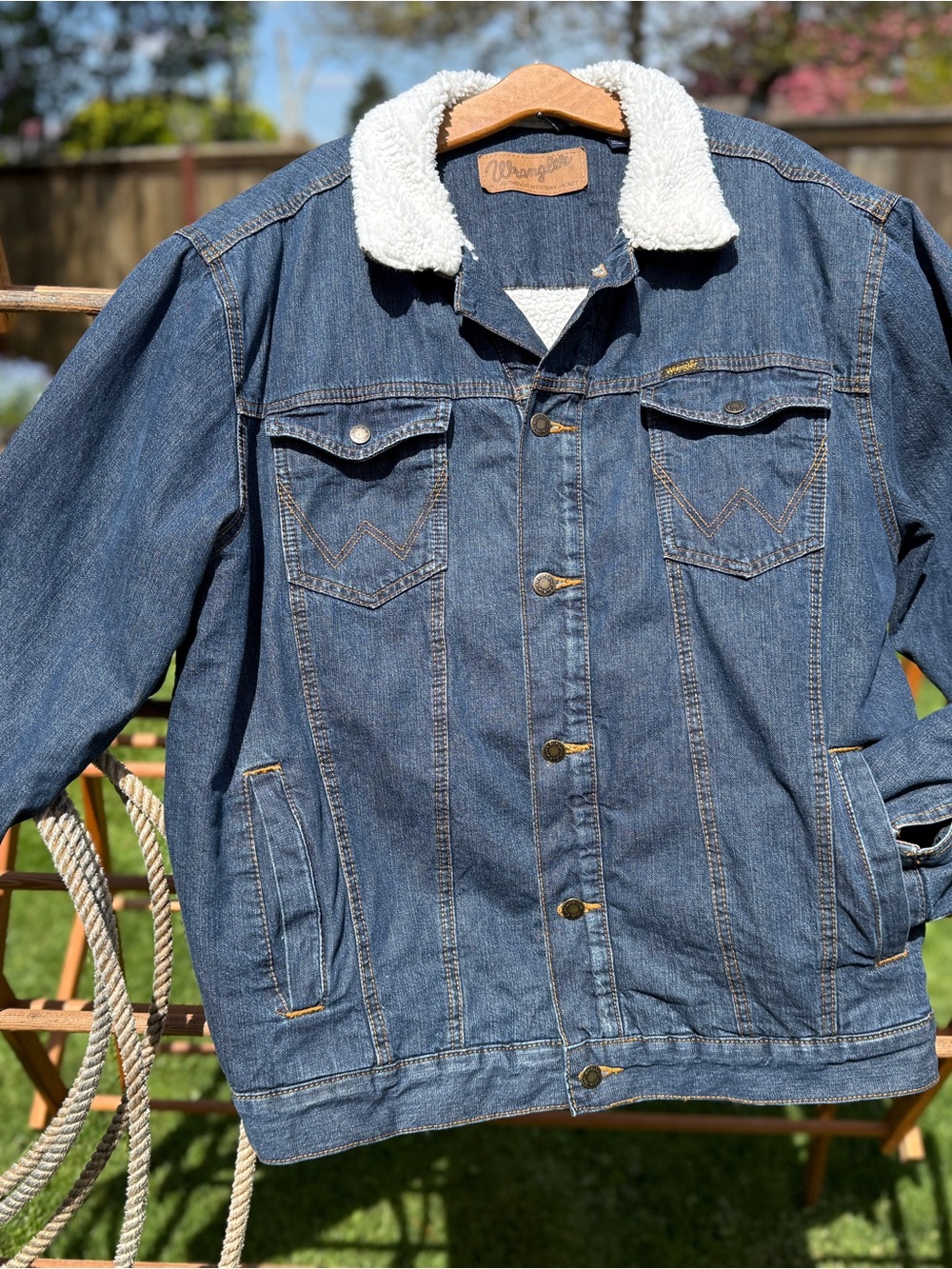 Wrangler Blue Denim Jacket with White Sherpa Collar